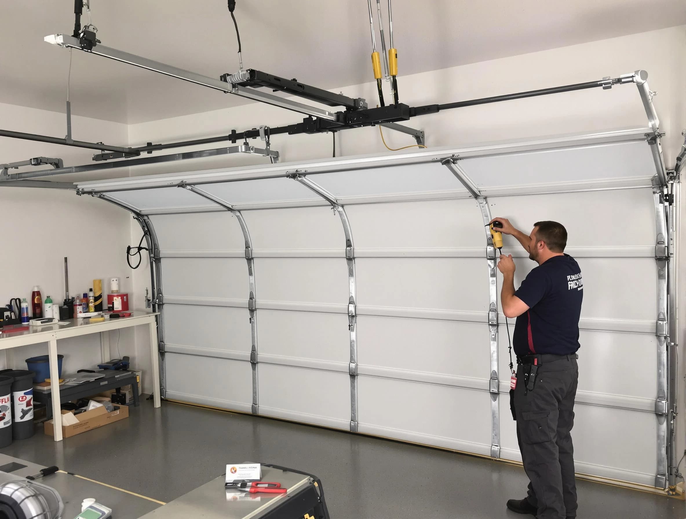 Carteret Garage Door Repair certified technician performing overhead door system repair in Carteret