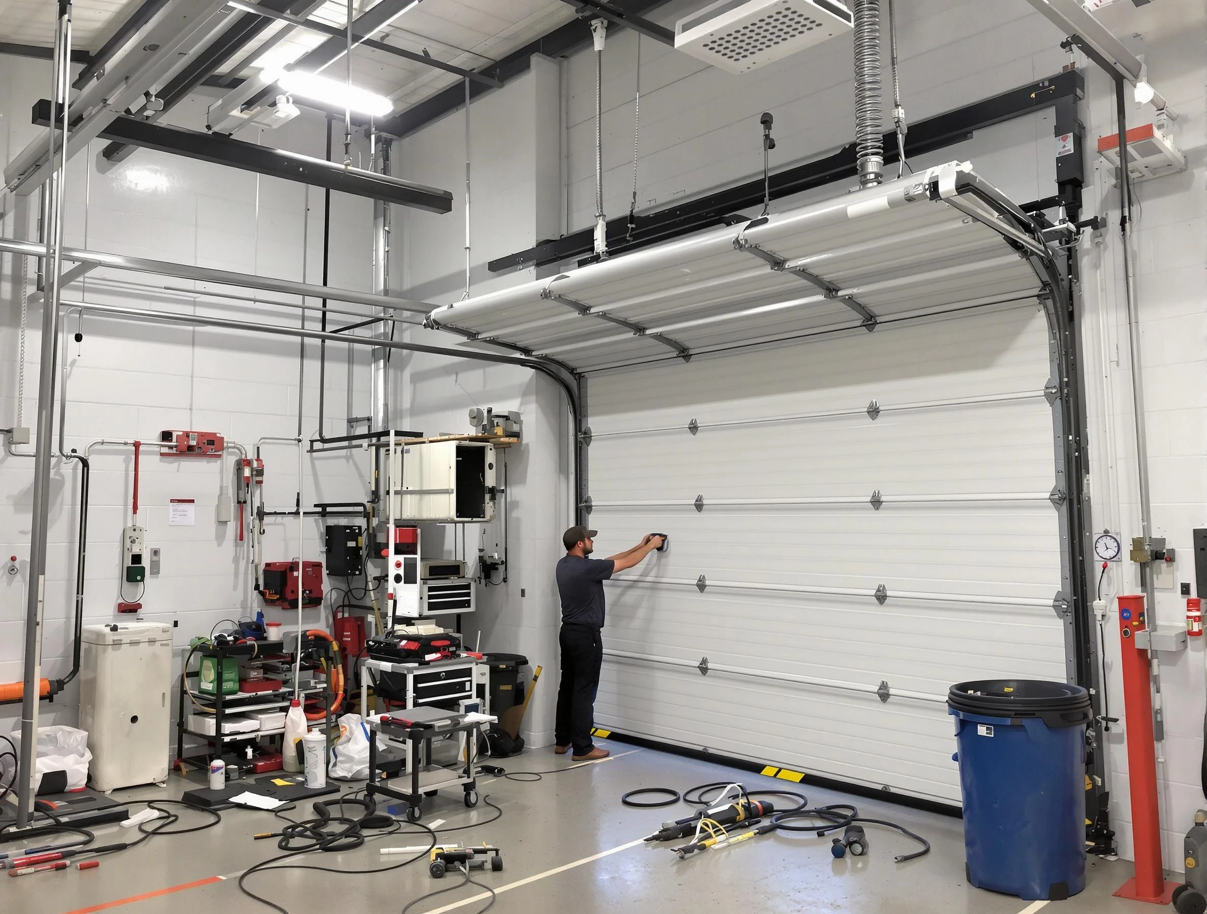 Carteret Garage Door Repair certified technician performing commercial door repair at a Carteret business facility
