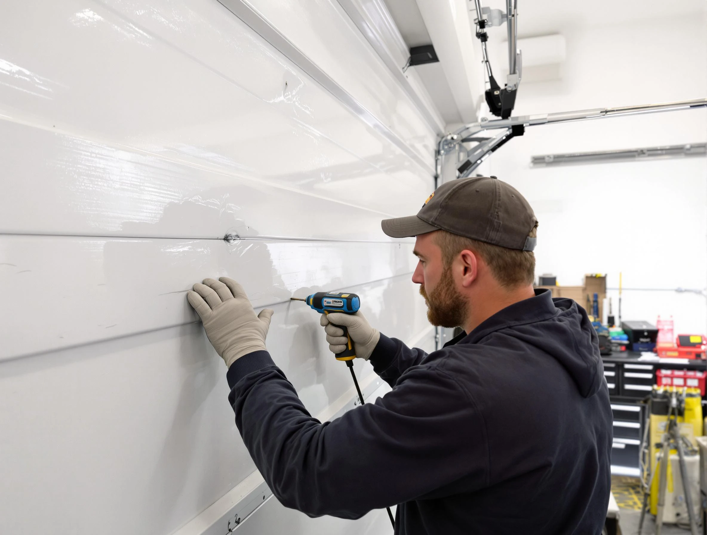 Carteret Garage Door Repair technician demonstrating precision dent removal techniques on a Carteret garage door