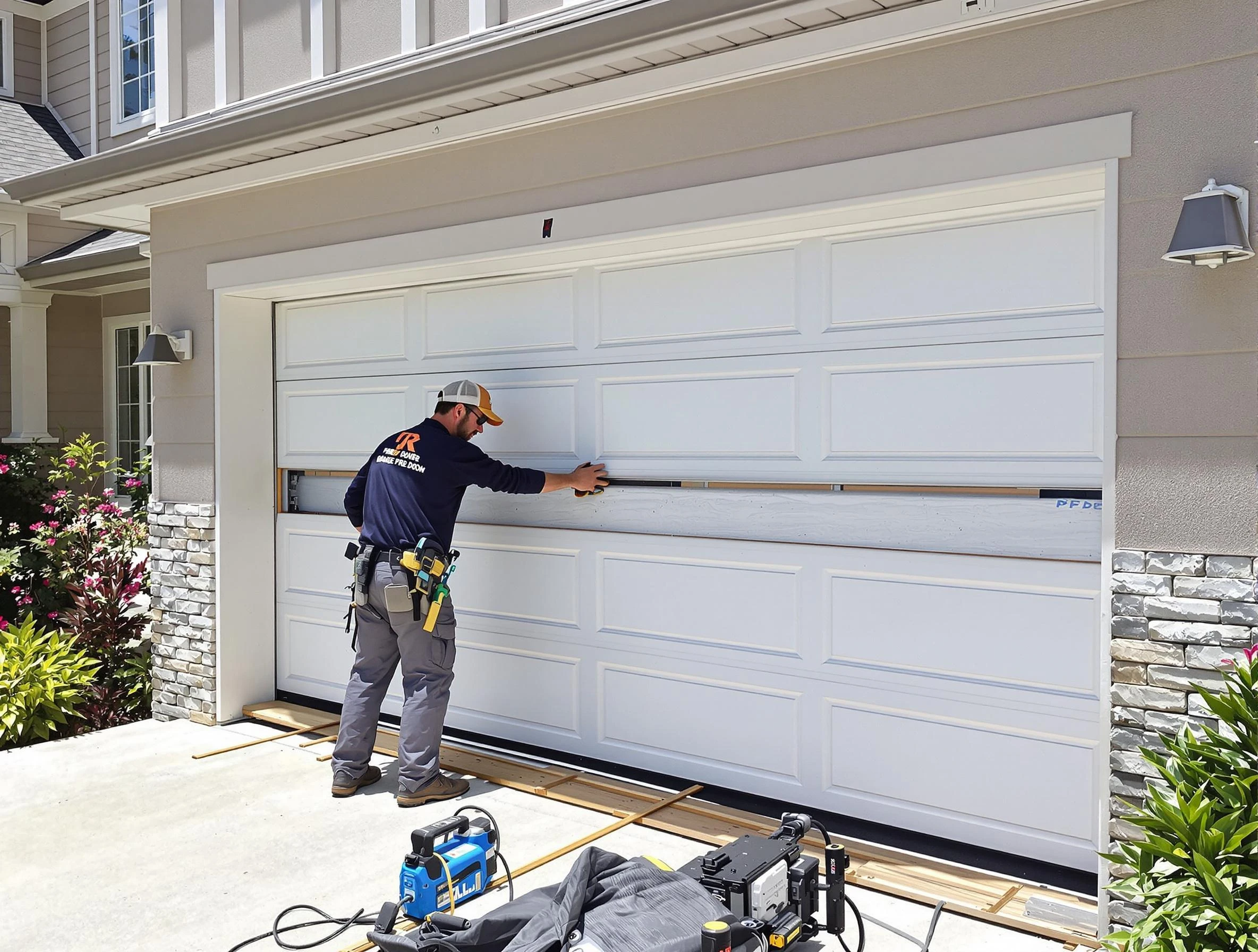 Carteret Garage Door Repair team performing complete garage door replacement at Carteret residence