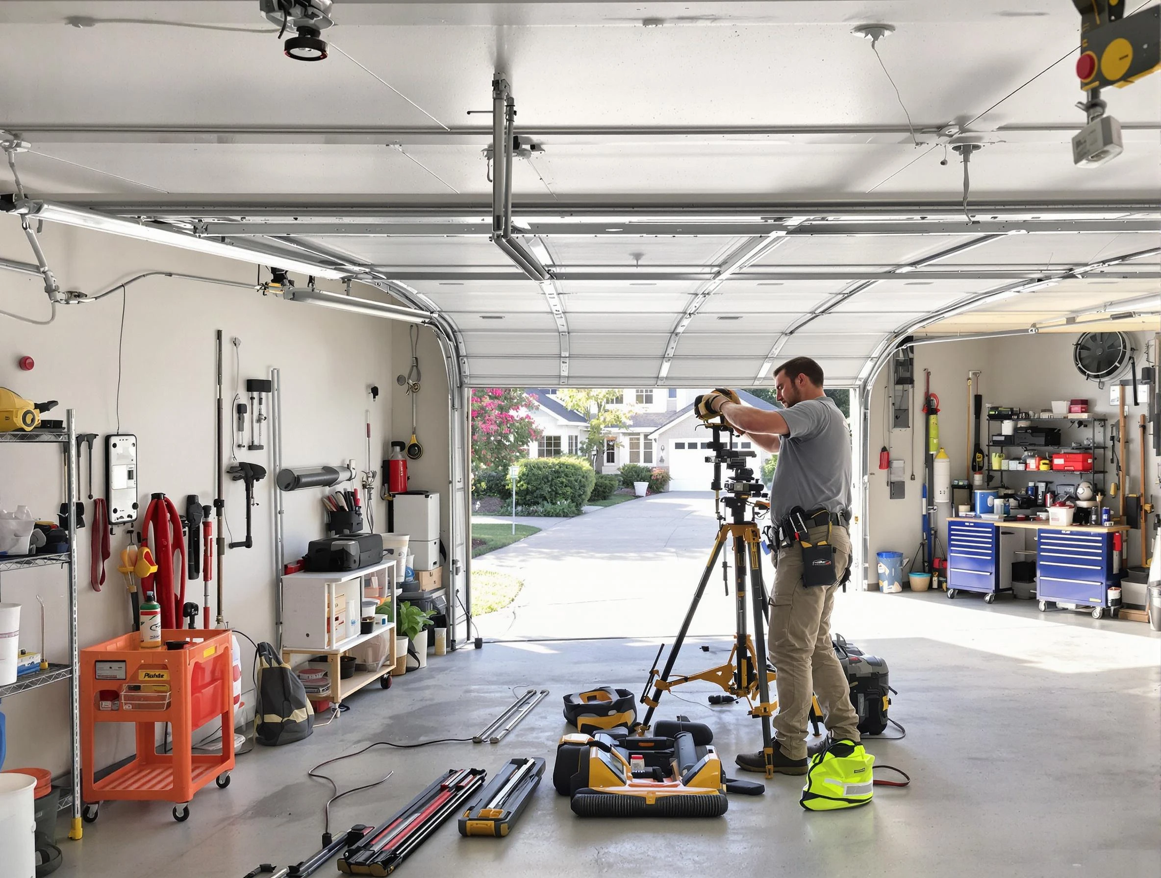 Carteret Garage Door Repair specialist performing laser-guided track alignment in Carteret